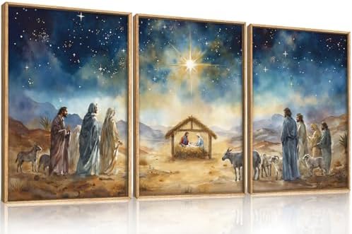 LHIUEM Large Bible Christian Religious Framed Canvas Wall Art Set,Birth of Jesus Nativity Wall Decor,Christmas Mary and Joseph Artwork for Living Room,Bedroom,Dining Room,Office -24"x36"x3 by LHIUEM