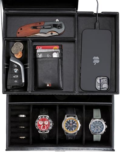 Mens Jewelry Box Organizer & Dresser Valet Tray - Premium Nightstand Station for Watches, Rings, and Accessories - Stylish Mens Dresser Top Organizer with Multiple Compartments and Soft Lining by KALETY