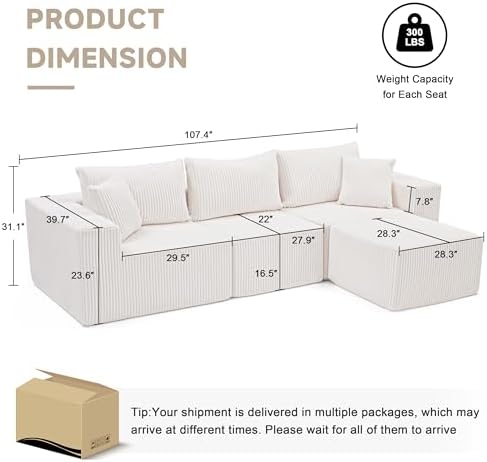 Weture 107.4" Modular Bnoeless Couch, Convertible Sectional Couch, Beige - Image 3