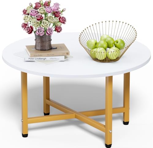 Coffee Table, 23.6" Round Coffee Table, White & Gold Leg Living Room Tables by FAMIDGE