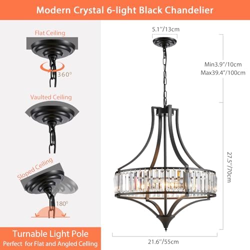 Crystal Chandeliers for Dining Room Rustic Farmhouse Chandelier with Round Metal Shade 6-Light Black Large Crystal Light Fixture for Kitchen Island Hallway Bedroom Home Office - Image 3