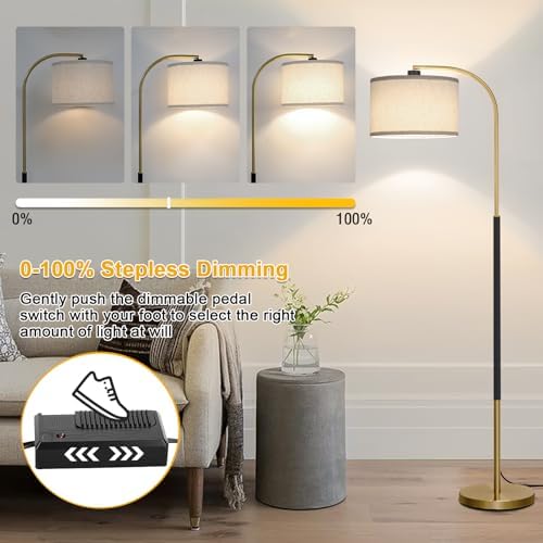 Dimmable Floor Lamp for Living Room, Arc Floor Lamps with Adjustable Drum Shade Pedal Switch, Black and Gold Tall Standing Lamp with 9W LED Bulb, Modern Reading Light Pole Lamp for Bedroom, Office - Image 3
