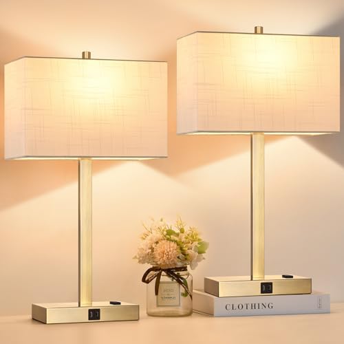 21" Touch Bedside lamps with 2 USB & AC Outlets, 3-Way Dimmable Bedside Table Lamps Set of 2 for Bedroom Living Room Office Reading, White Shade Lamps for Night Stands, 2700K LED Bulbs Included by BringBrightnesstoYourLife