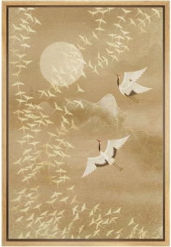 NWT Framed Canvas Print Wall Art Watercolor Crane Birds Flying Nature Wilderness Illustrations Modern Art Decorative Landscape Rustic Colorful for Living Room, Bedroom, Office - 24"x36" Natural by NWT