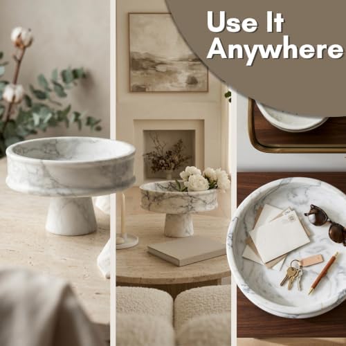 Marble Pedestal Bowl for Kitchen Counter, 10" Handcrafted Natural Stone Decorative Fruit Bowl, Catch-All Key Dish, Dining Table Centerpiece, Pedestal Bowl, & Housewarming Gift (White Marble) - Image 6