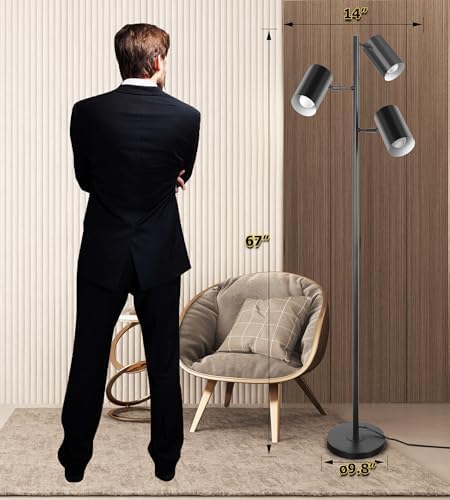Tree Floor Lamp with 3 Light Bulbs,Black Standing Tall Pole Lamp with 3 Adjustable Rotating Lights,Farmhouse Floor Lamp for Living Room Bedroom Office,Vintage Standing Lamp 9W E26 LED Bulbs Included. - Image 4