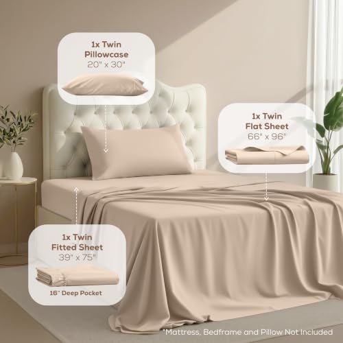 Twin Sheets Set, 3 Pieces 16" Deep Pocket Hotel Luxury Bed Sheets, Beige - Image 2