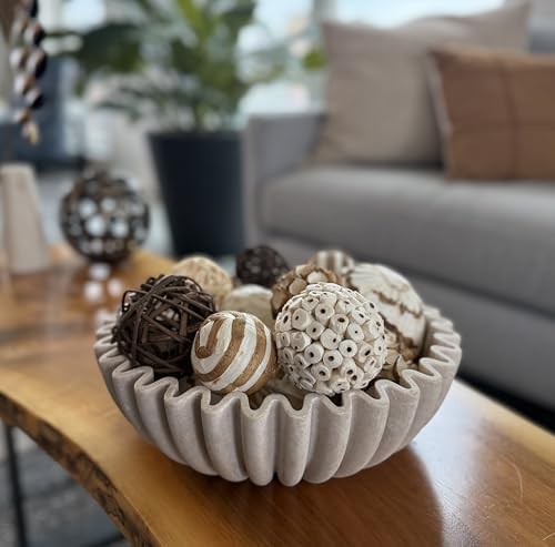 12" Extra Large Decorative Bowl – Decorative Fruit Bowl for Kitchen Counter, Modern Handmade Bowls for Home Decor, Ruffle Decor, Stylish Key Bowl for Entryway Table, Beige Artificial Stone - Image 4