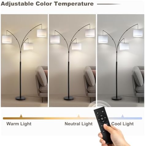 Floor lamp with Remote, 3 Light Arc Floor Lamps for Living Room, 2400LM Tall Standing Floor Lamps with White Shades, 80" Large Floor Lamp for Bedroom, Office - Image 5