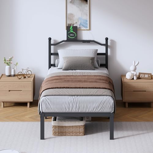 SHOANED Metal Bed Frame with Headboard - 14 Inch Twin XL Size Heavy Duty Bedframe with Charging Station Black Basic Steel Slats Platform No Box Spring Needed/Noise Free - Image 6