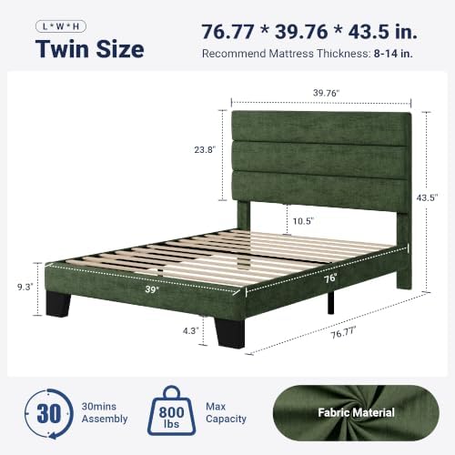 Allewie Twin Size Platform Bed Frame with Fabric Upholstered Headboard and Wooden Slats Support, Fully Upholstered Mattress Foundation/No Box Spring Needed/Easy Assembly, Green - Image 2