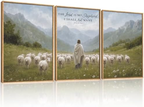 LHIUEM Large Christian Bible Verse Framed Canvas Wall Art,Jesus with Lamb Wall Decor,Vintage Religious Art Prints,Faith Scripture Landscape Artwork for Living Room,Prayer Room,Church -16"x24"x3 by LHIUEM