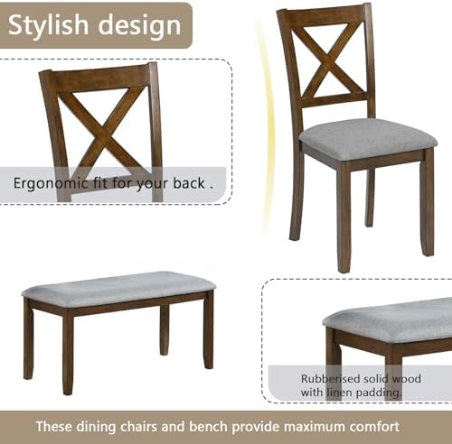 Harper & Bright Designs 6-Piece Dining Table Set with 4 Upholstered Chairs & Bench, 58.5" Rectangular Solid Wood Frame Table, Dining Table Set for 6 People, Living Room, Home Bar and Kitchen,Walnut - Image 5