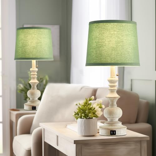 Drawealth 22'' Farmhouse Lamps for Bedrooms Set of 2 Bedside Lamps for Nightstand with USB Charging Ports Traditional Boho Table Lamps for Living Room Study Room,Green Shade,Bulbs Not Included - Image 2