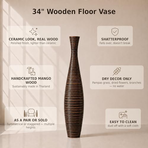 Leewadee Large Floor Vase 34 inches Mango Wood for Pampas Grass, Dried Flowers - Image 3