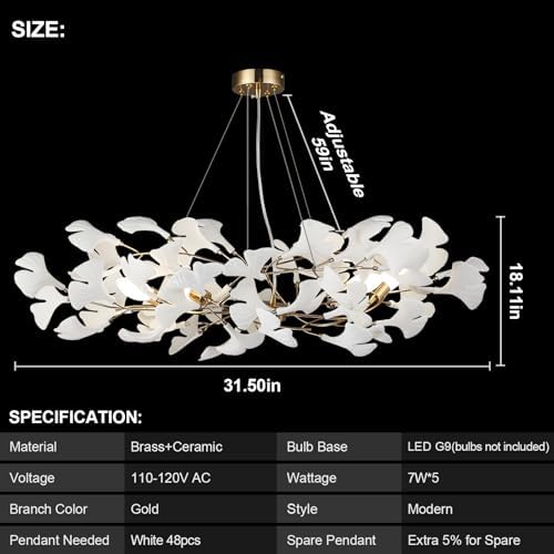 Branch Chandeliers, L31.5 inch Brass Ginkgo Leaf Chandeliers for Dining Room Bedroom White Modern Chandeliers Luxury Pendant Light Kitchen Island Hanging Lights Fixture, 5-Light - Image 2