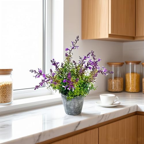 MONOID Artificial Potted Plants, Realistic Fake Greenery for Desk, Home Office Bathroom Shelf Farmhouse Table Decor, Maintenance Free (4, Lavender Purple) - Image 3