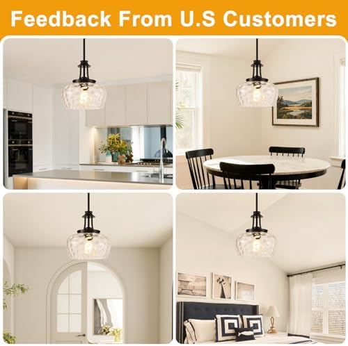 Modern Pendant Lights Kitchen Island, Matte Black Pendant Light Fixtures with 10" Clear Hammered Glass Shade, Industrial Hanging Pendant Lights Fixture for Kitchen Island Dining Room Bedroom Entryway - Image 4