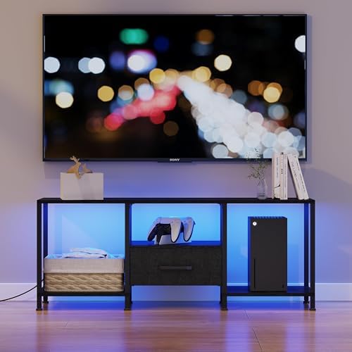 JARHETUN TV Stand with LED Lights, Entertainment Center with Open Shelves and Fabric Drawer, Media Console for 55 Inch TV, Television Stands for Living Room, Bedroom, Black - Image 2