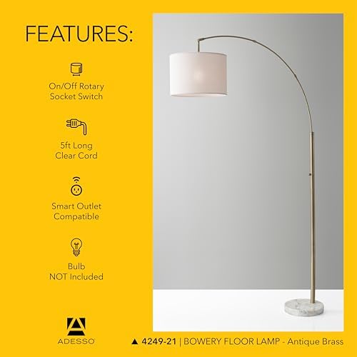 Adesso Floor Lamp, Marble & Off-White Linen, Adjustable, 73.5” - Image 5