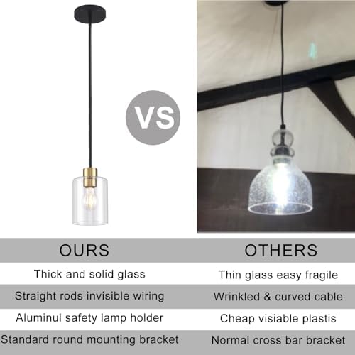 Black Brass Pendant Lights Kitchen Island - Clear Glass Pendant Light Fixture Multiple Stems Rods 3 Units 12 Inch 3 Units 4 Inch (1 Pack Black Brass Downrod) - Image 3