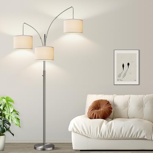 Dimmable Floor Lamp, 3 Lights Sliver Arc Floor Lamp, Modern Tall Standing Tree Lamp with White Linen Shades & Heavy Base, 3000LM LED Bulbs, Bright Lighting for Living Room, Bedroom, Office & Reading - Image 6