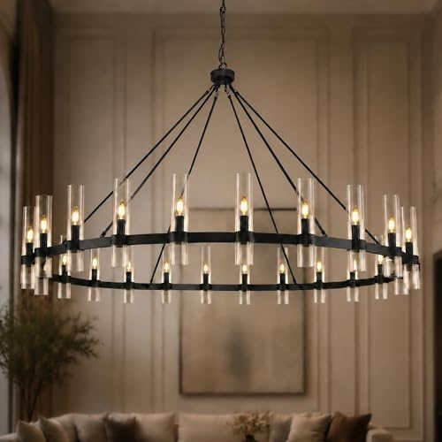 70" 24-Light Black Wagon Wheel Chandelier for High Ceilings Living Room by VarttyalHomeDecorativeLight