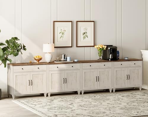 WAMPAT Buffet Cabinet with 8 Doors and 4 Drawers, Modern Coffee Bar Table Wood Kitchen Storage Cabinets, Farmhouse Sideboard Credenza for Dining Room, Rustic White, 134 inch - Image 5