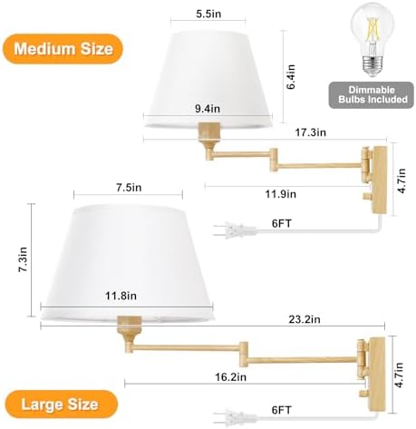 TRLIFE Dimmable Wall Sconce Plug in, Wall Sconces Set of 2 Swing Arm Wall Lights with Plug in Cord and Dimmer On/Off Knob Switch, 11.8" Large White Fabric Shade(2 LED Bulbs Included, Oak Color) - Image 5