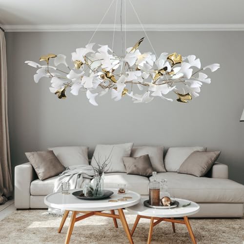 Branch Chandelier Modern Gold Ceramic Ginkgo Leaf Chandeliers L47 Inch Brass Rectangle Chandelier Large Luxury Hanging Lights Fixture for Living Room Dining Room, 6-Light by GREMLBUK