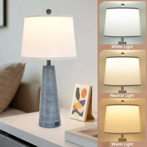 Terpsichore Nightstand Lamp Bedside Lamps Vintage Rustic Farmhouse Table Lamp 3 Way Dimmable Horizontal Stripe Light,for Living Room Bedroom,USB A+C (Navy Blue (Single-Pack), High 27 Inch) - Image 5