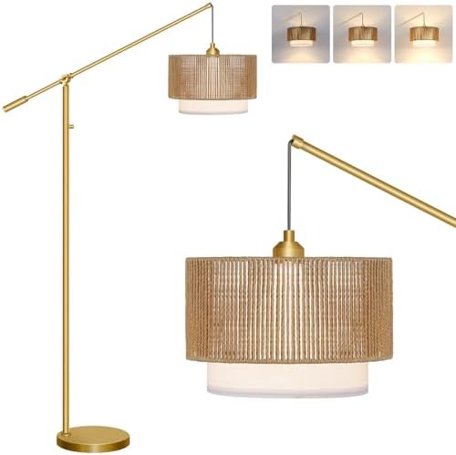 【Upgraded】Boho Dimmable Floor Lamps with Adjustable Swing Arm, 1100 Lumens Bulb Included, Modern Standing Lamp with Rattan & Fabric Shades, Farmhouse Tall Arc Floor Lamp for Living Room Bedroom, Gold by Yemela