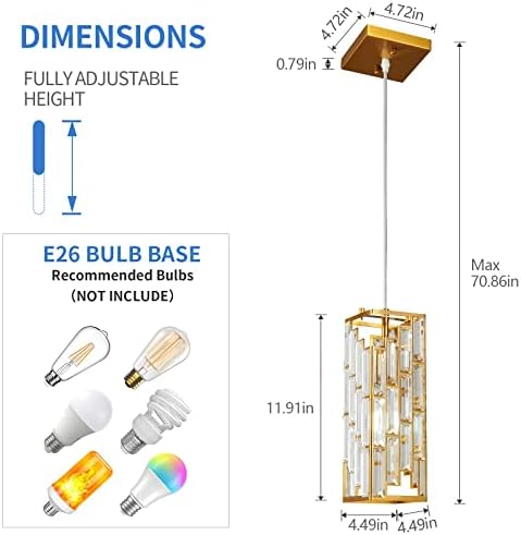 Gold Pendant Lighting Modern Pendant Light, Mini Crystal Chandeliers,Adjustable Pendant Light Fixture for Kitchen Island Dinning Room Bedroom (1 Pack) - Image 3