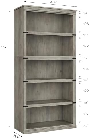 GarveeHome 5 Tier Farmhouse Bookcase, 67.4" Tall Book Shelf with Storage - Image 2