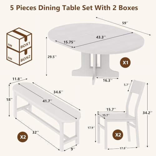 Einhomn 59" Extendable Round Dining Table Set for 4-6, 5-Piece Kitchen & Dining Room Table with 2 Chairs & 2 Benches, Wood Oval Dinner Table with Heavy Duty Pedestal Base, for Small Spaces, White - Image 2