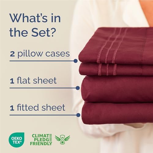 Full Size 4 Piece Sheet Set - Comfy Breathable & Cooling Sheets - Burgundy - Image 2
