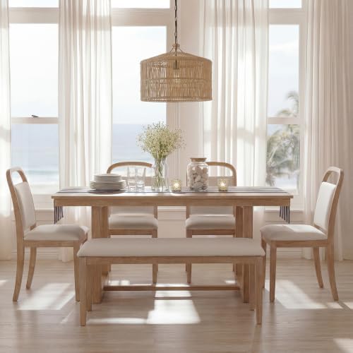 VilroCaz 6-Piece Dining Table Set, Solid Wood Rectangular Kitchen Table with 4 Upholstered Chairs & 1 Bench, Seats for 6 (Natural-6.17) - Image 2