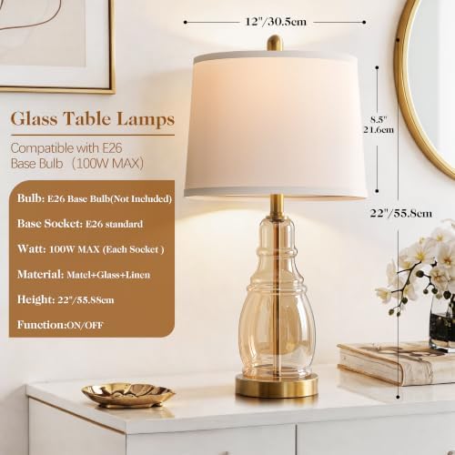 ROTTOGOON Glass Table Lamp Set of 2, Modern Table Lamps for Living Room Bedroom, Bedside Desk Lamps Vintage Nightstand Lamps with Linen Shades, 22", Champagne - Image 3