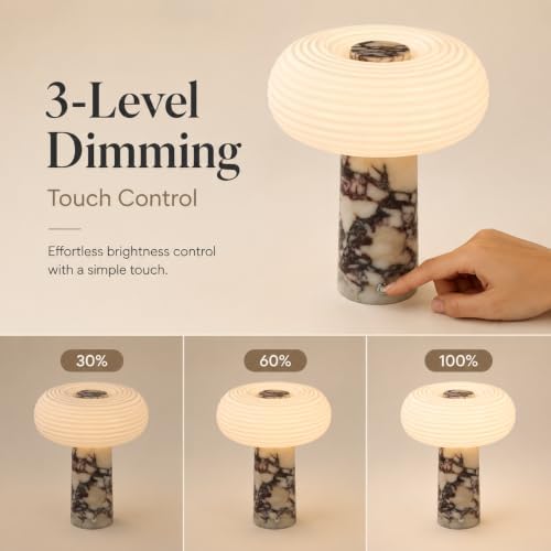 Nebula Marble Cordless Table Lamp, Rechargeable Lamp with 5200mAh Battery, 3- Way Dimmable, Genuine Calacatta Viola Marble Base, Ribbed Glass Shade, for Bedroom Living Room Office - Image 3