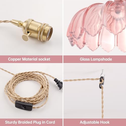 Shenmoyl Plug in Pendant Light Hanging Light Fixtures with Plugin Cord On/Off Switch,Pink Scindapsus Glass Lampshade Brass Pendant Light - Image 5