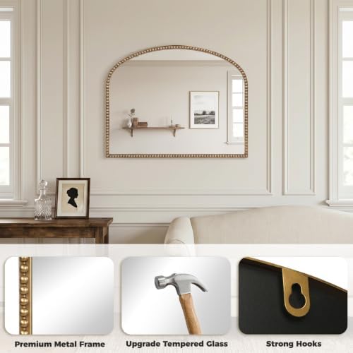 Antique Gold Arched Wall Mirror, 36" x 28" Beaded Mirror - Image 5
