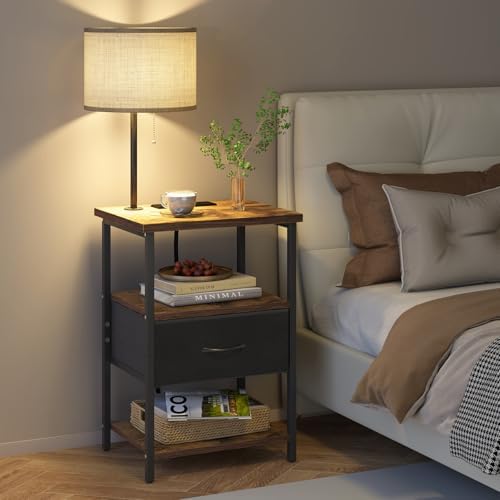 Fixwal Nightstand with Lights Bedside Table with 3 Color Temperatures Bulb, Night Stand with Charging Station End Table with Adjustable Fabric Drawer for Bedroom Dorm - Image 2