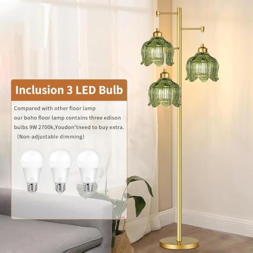 Glass Floor Lamp for Living Room,Bedroom,Gold Mid Century Modern Standing Lamp Brass Tree 3 Light Tall Floor Lamps Vintage Retro Floor Lights Green Flower Lamp Shade Farmhouse Boho Bohemian - Image 4