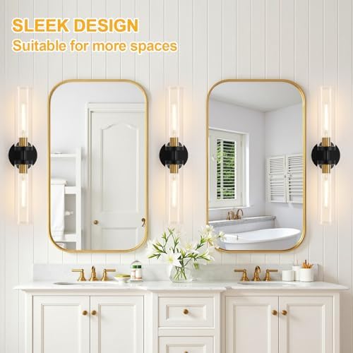 Indoi Black and Gold Wall Sconce, Hardwired Bathroom Sconces Wall Lighting with Clear Glass, Modern Sconces Wall Light fixtures for Bathroom Mirror Living Room Hallway Bedroom - Image 7