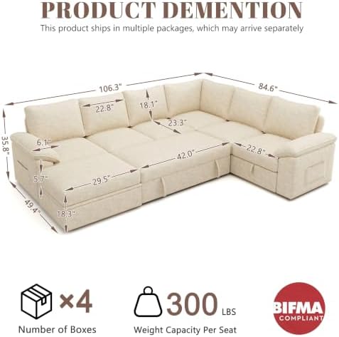 106'' Modular Sectional Sofa with Pull Out Bed, Sleeper Sofa, Beige - Image 3
