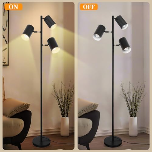 Tree Floor Lamp with 3 Light Bulbs,Black Standing Tall Pole Lamp with 3 Adjustable Rotating Lights,Farmhouse Floor Lamp for Living Room Bedroom Office,Vintage Standing Lamp 9W E26 LED Bulbs Included. - Image 3