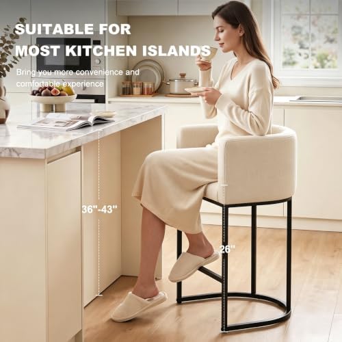 26" H Counter Height Bar Stools Set of 4, Modern Barrel Counter Stools with Backrest and Arms, Linen Fabric Upholstered Accent Barstools for Kitchen Island,Support 450 LBS (Beige) - Image 3