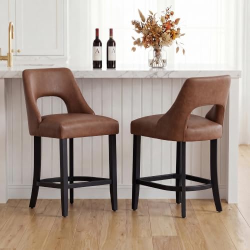 UVV Bar Stools Set of 2, Modern Upholstered Counter Height Bar Stools, Faux Leather Counter Stools BarStools with Wood Legs for Kitchen Island Dining Room Bar, Brown by UVVLivetheQualityLife