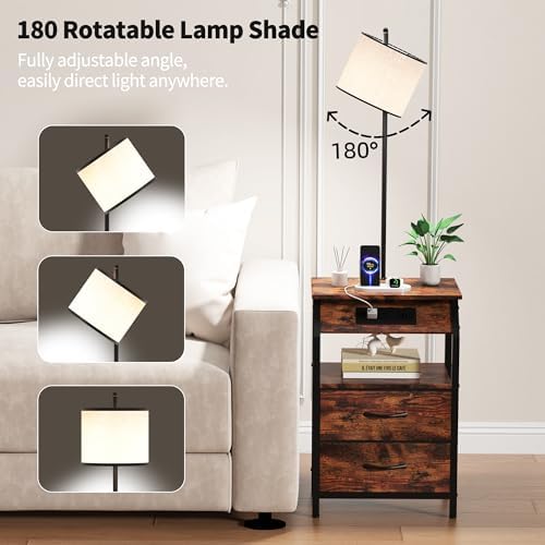End Table with Floor Lamp, Nightstand with Charging Station, Floor Lamp Table with 3-Color Temperature Bulb, Bedside Table Night Stand with 2 Drawers for Bedroom, Living Room, Brown - Image 5