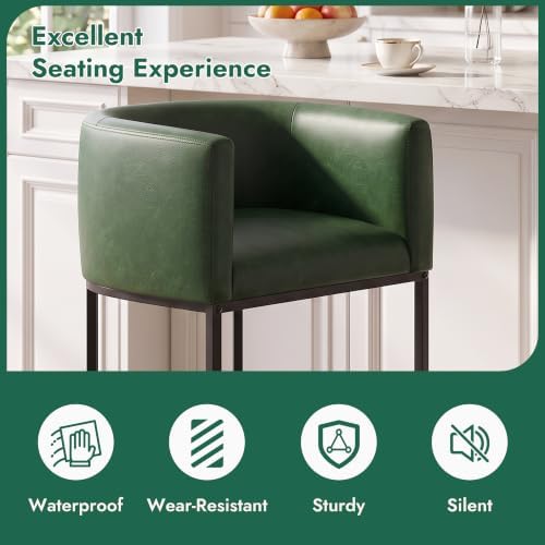 Counter Height Bar Stools Set of 2, Modern Counter Stools for Dining Room, 24 Inch Barstools for Kitchen Island, Faux Leather Bar Stool with Metal Legs and Back Footrest, Green - Image 5